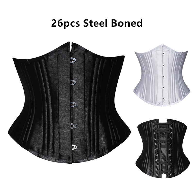 26 Double Boned Steel Bone Waist Trainer Body Shaper Satin Underbust Corset Women Slim Modeling Strap Belly Slimming Sheath Belt Black White