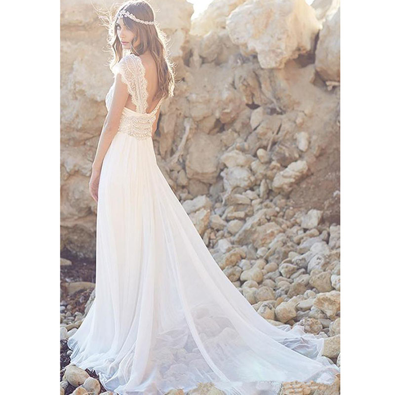 Sparkly Lace Bohemian Beach Wedding Dresses Chiffon Bling Beaded Crystal Cap Sleeve Boho Bridal Gowns Vestido De Novia