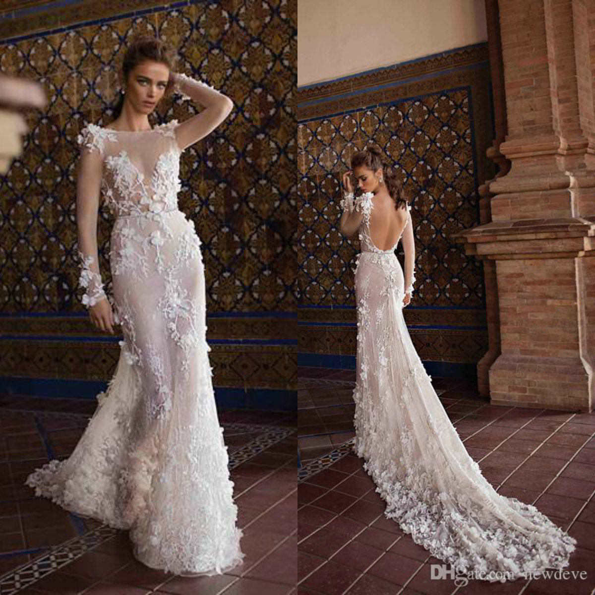 Berta Wedding Dresses Lace Appliques Sheer Long Sleeves Mermaid Bridal Gowns Sexy Backless Beach Wedding Dress with 3d Flowers, Silver
Berta Wedding Dresses Lace Appliques Sheer Long Sleeves Mermaid Bridal Gowns Sexy Backless Beach Wedding Dress with 3d Flowers, Silver