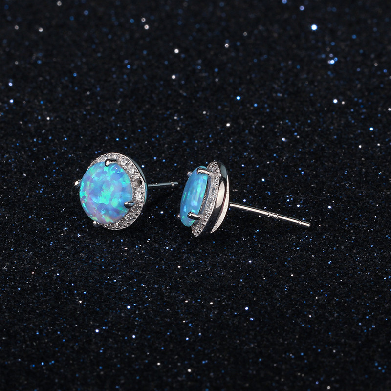 New Simple 925 Sterling Silver Stud Earrings Round Blue Fire Opal Earrings with Cubic Zirconia Wedding Jewelry Gift