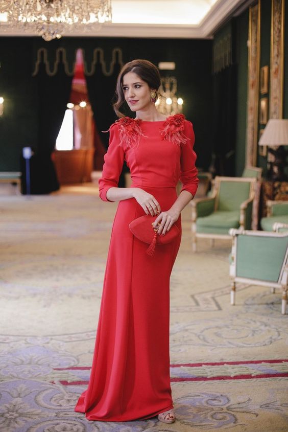 Elegant Arabic Backless Red Evening Dresses With Sleeves Column Long Formal Prom Party Gowns Turkey Custom Feather special occasion dresses