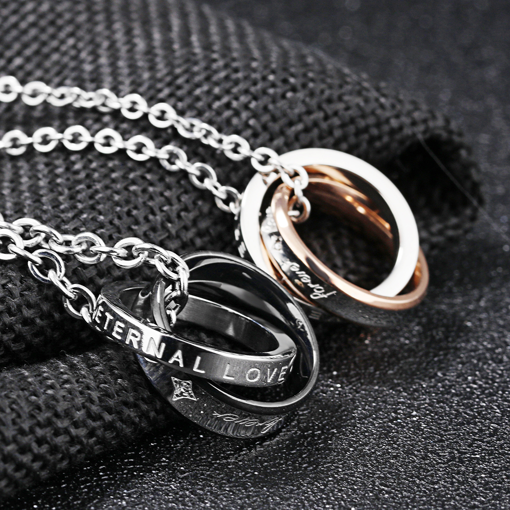 Couple Necklace FOREVER LOVE Lettering Name Double Circle Stainless Steel Pendant Necklaces For Lovers Valentine's Day Gift
