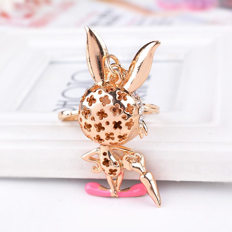 Metal Key Ring Chain Super Cute Bunny Keychains Pink Blue Enamel Rhinestone Animal Pendant Gold Color Creative Children Jewelry