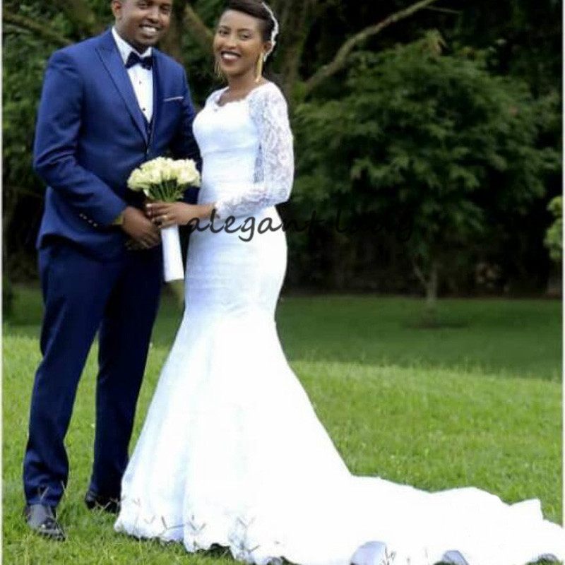 Full Lace Mermaid Wedding Dresses with Long Sleeve 2019 Sexy African Full Back Fishtail Country Bohemian Bridal Wedding Gown