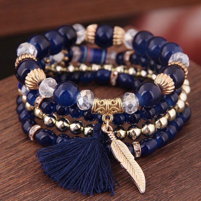 Bohemian Beaded Bracelets Set Multilayer Feather Eiffel Tower Tassel Charm Bracelet Stackable Bangle for Women Vintage Jewelry