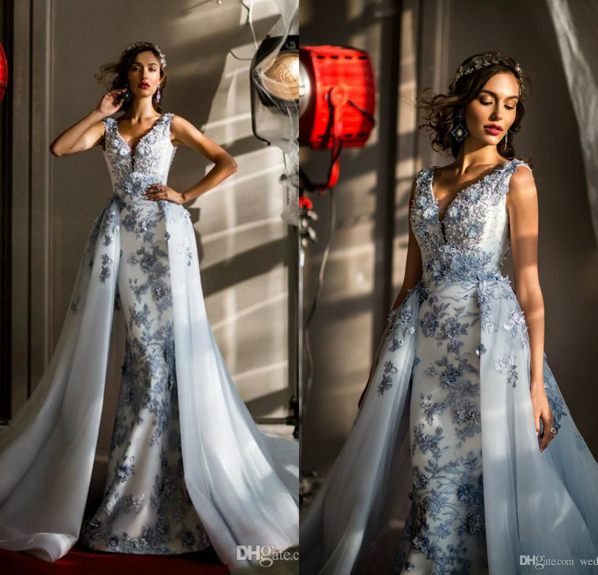 2019 V Neck Mermaid Evening Dresses With Detachable Skirt Lace 3D Floral Appliques Sleeveless Formal Formal Prom Dress Customized Gowns