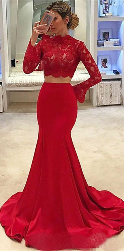 Two Pieces Red Mermaid Prom Dresses 2019 High Neck Lace Long Sleeve Formal Evening Gowns Plus Size Special Occasion Dresses Cheap