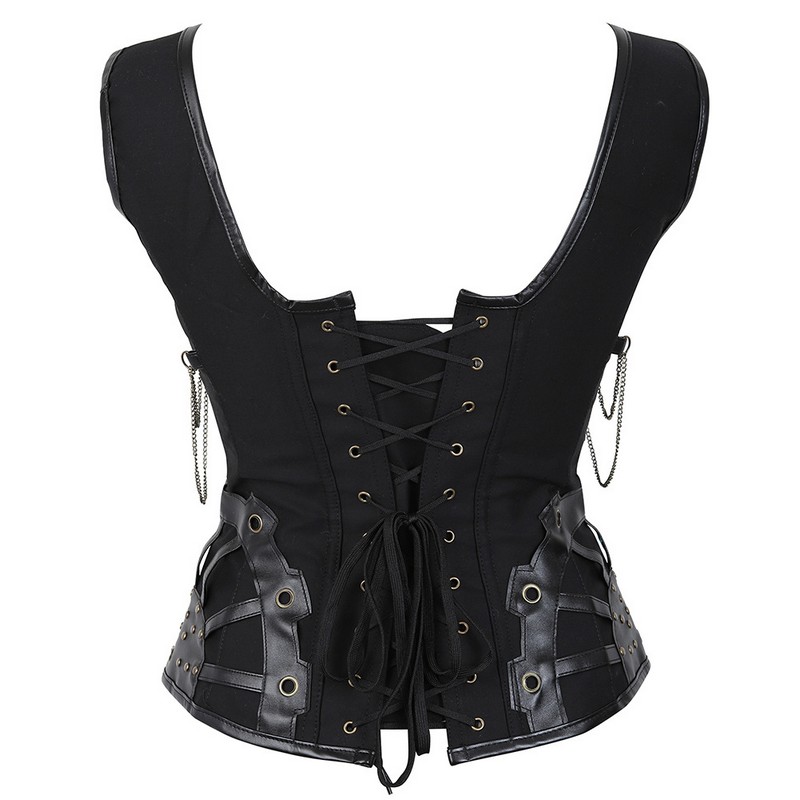 Women Black Steampunk Gothic Halterneck Overbust Corset Vest with Buttons and Gold Chain Accents Classic Lace Up Plastic Boned Clubwear XXL
