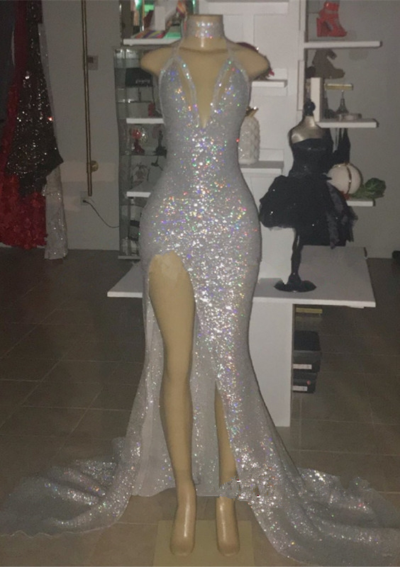 bling bling silver mermaid prom dresses spaghetti sequined glitters side split sweep train plus size evening gowns abendkleider