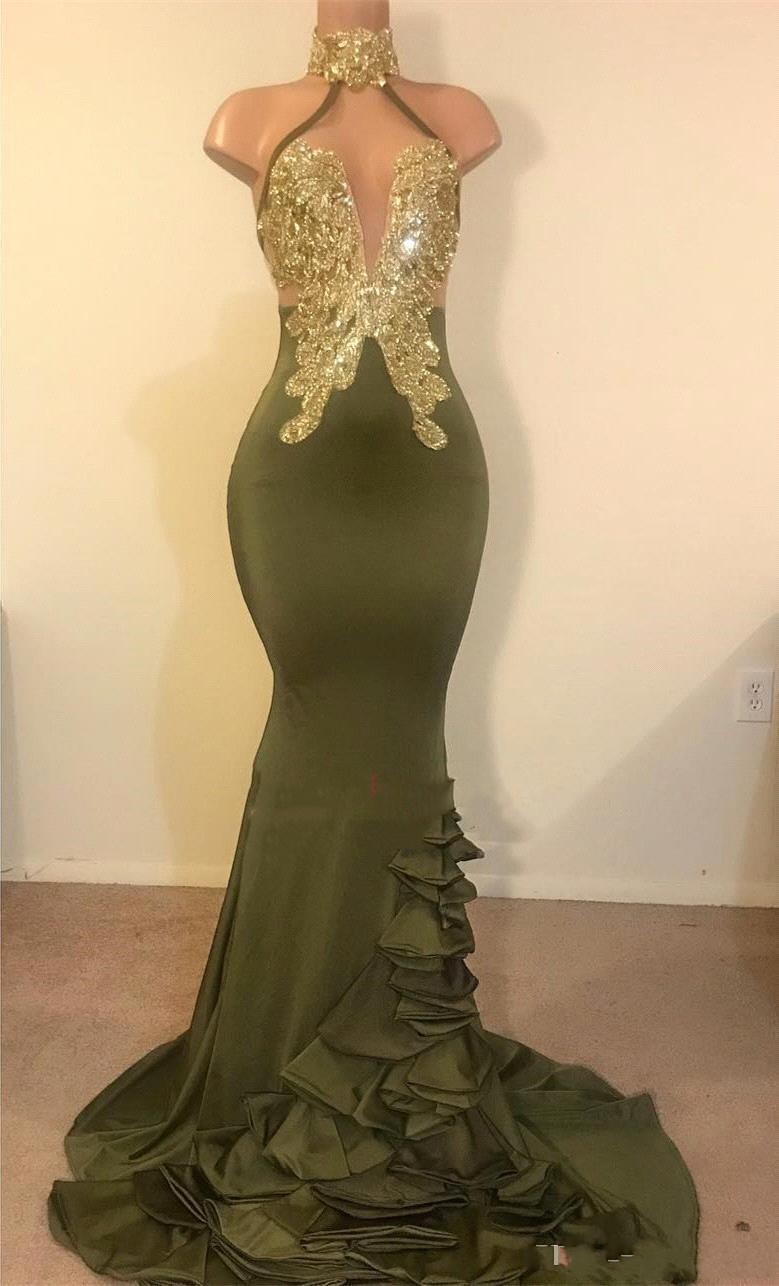 Vestidos New Sexy Olive Green Mermaid Evening Dresses High Neck Gold Crystal Beaded Ruffles Sweep Train Custom Formal Party Dress Prom Gowns