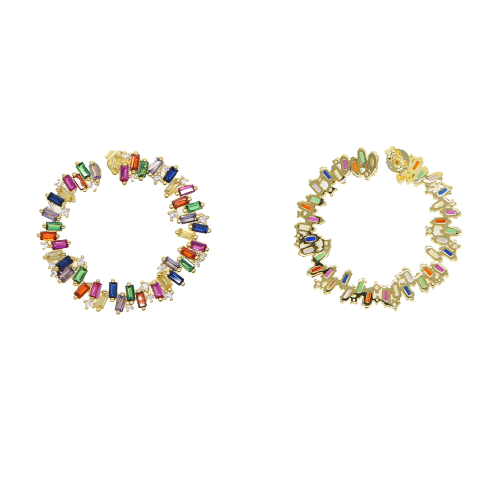 2018 Luxury Gold color round circle geometric stud earring Baguette rainbow colorful cz paved fashion trendy jewelry for women
