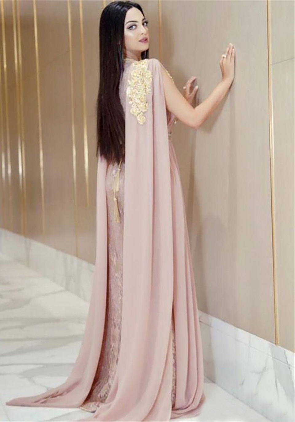 New Blush Pink Beaded Muslim Long Dubai Moroccan Kaftan Dress Chiffon V Neck Formal Gown Evening Party Dresses