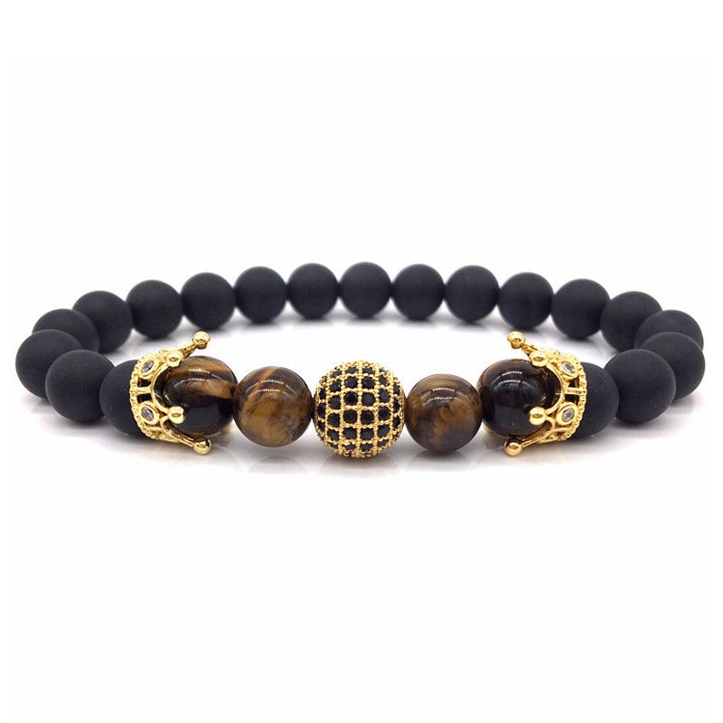 Double Crown 4 Tiger Eye Stone Bracelet Men and women Charm Mature Gentleman Birthday Valentine's Day Bead Bracelet