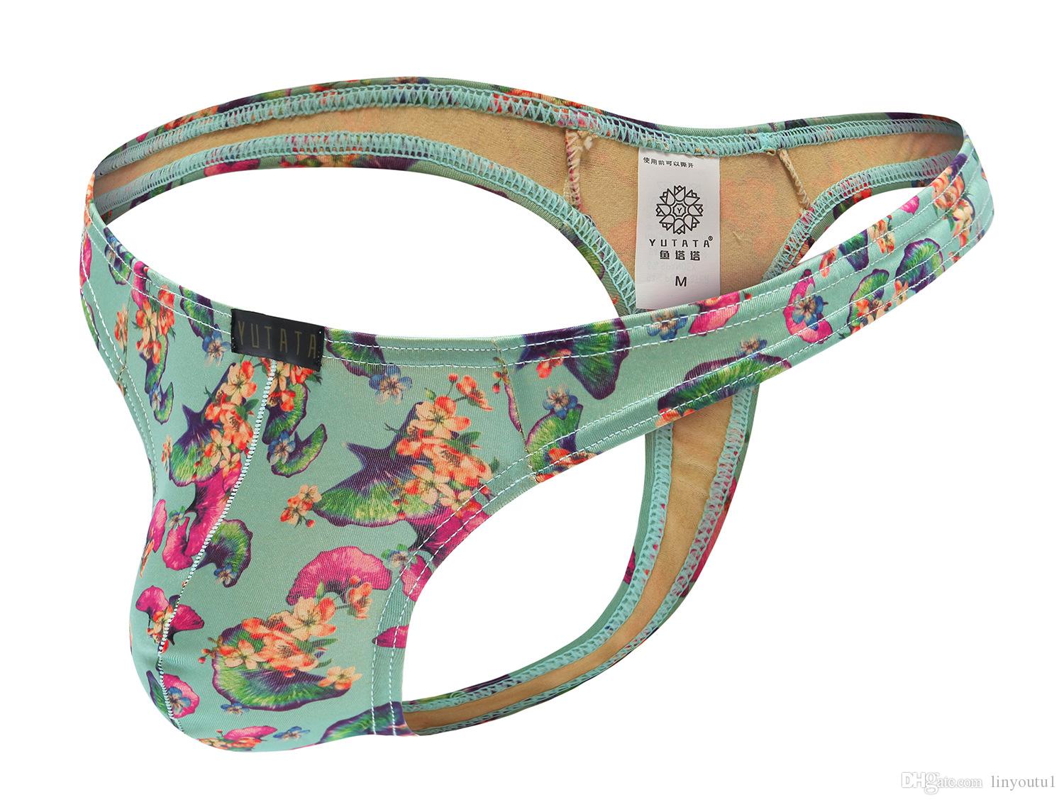 hot sale Mens Sexy Silk Printed Gay Underwear Men Thong and G String Homme Jockstrap Men's Briefs Underpants Man Male Pouch Panties