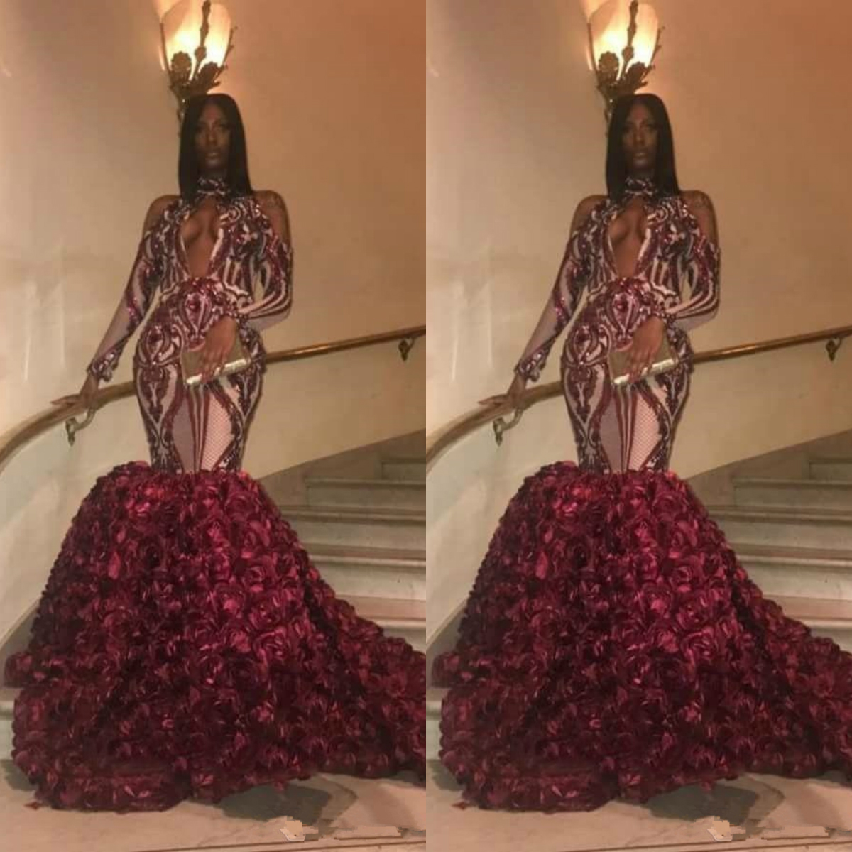 Black Girl Burgundy Mermaid Prom Dresses High Neck Applique Beads Flowers Ruffles Long Sleeve Evening Gowns African Formal Party Dress