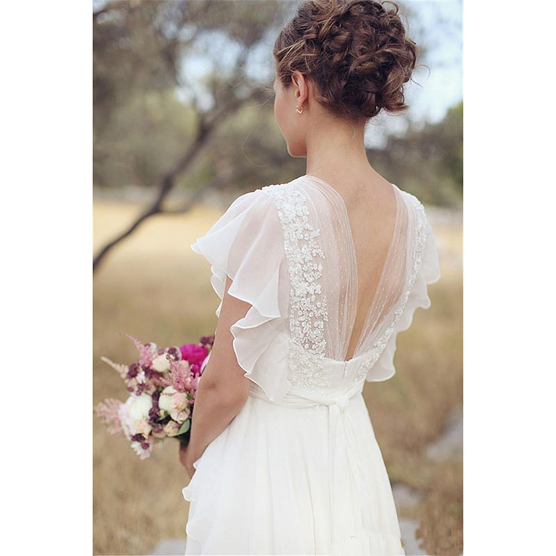 Modest Beach Boho Hippie Dresses V Neck A Line Cap Sleeves Bride Vestidos De Novia Pregnant Wedding Gowns 0521