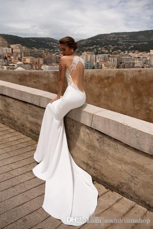 Sexy Berta Mermaid Dresses Sheer V Neck Lace Appliqued Bridal Gowns Sweep Train Backless Beach Wedding Dress