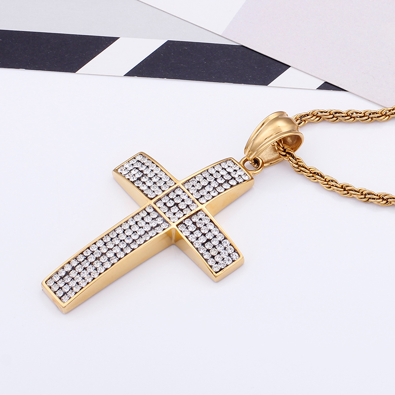 Men Hip Hop Cross Pendants Necklace 316L Stainless Steel Full Cubic Zirconia Setting 18K Gold Plated Jewelry