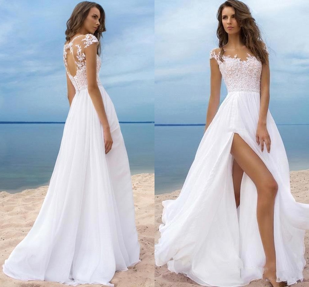 New Bohemian Summer Beach A Line Wedding Dresses Chiffon Sheer Neck Lace Appliques Illusion Cap Sleeves High Split Long Bridal Gowns