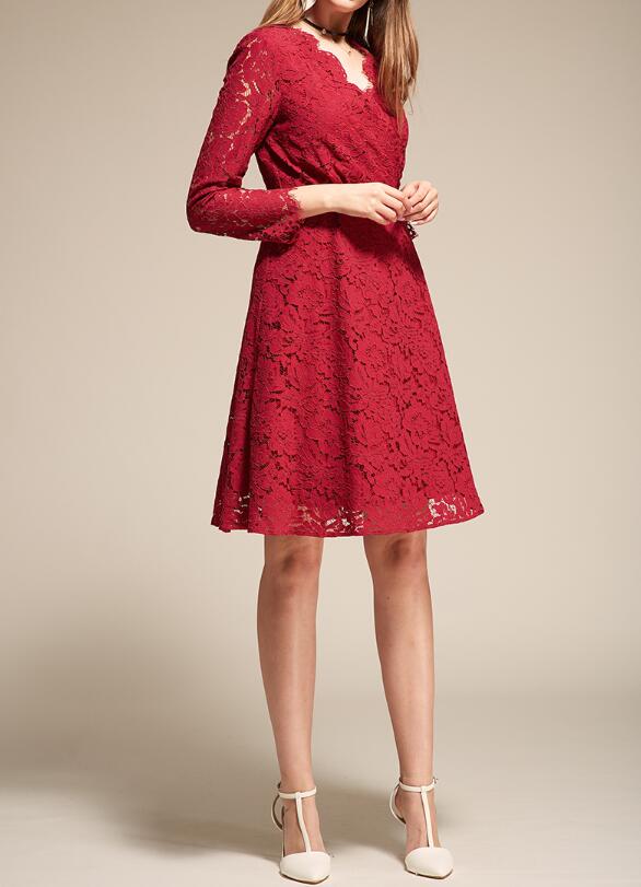 Sexy Dark Red Lace Cocktail Dress Three Quarter Sleeves Zipper Back Lace Party Dress