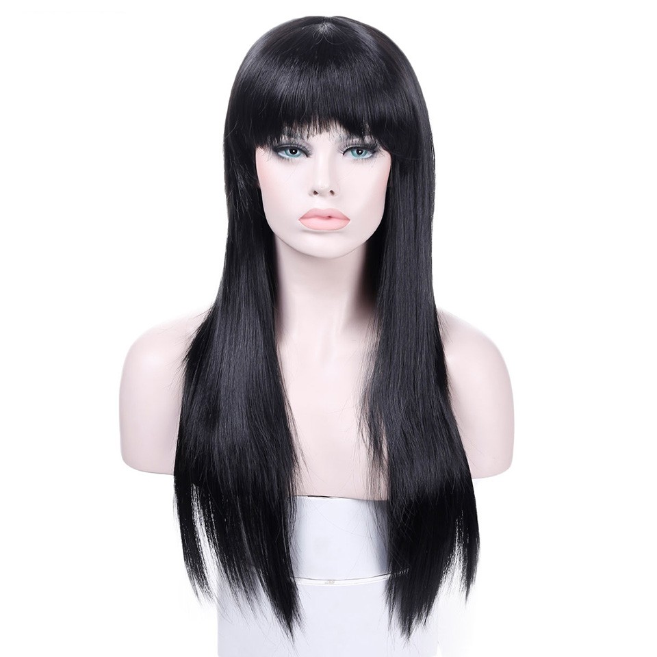 Long Straight Natural Hair Wigs With Bangs Womens simulation brazilian human hair wig Heat Resistance Black Brown for African American