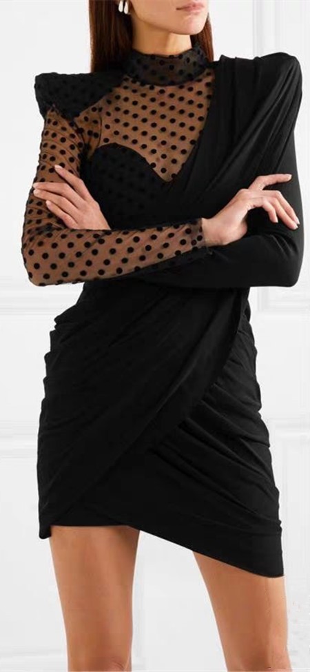 Casual Dresses Women Dress Stand Collar Long Sleeve Black Dot Mesh Stitching Pleated Wrap Irregular Sexy Mini Dresses1
