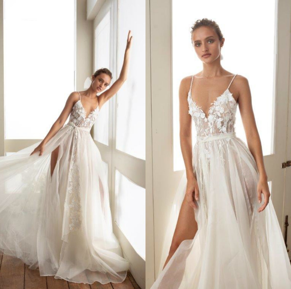 Beach Julie Vino Wedding Dresses Sexy Spaghetti Lace Flower Appliques Bridal Gowns Side Split Sweep Train A Line Wedding Dress