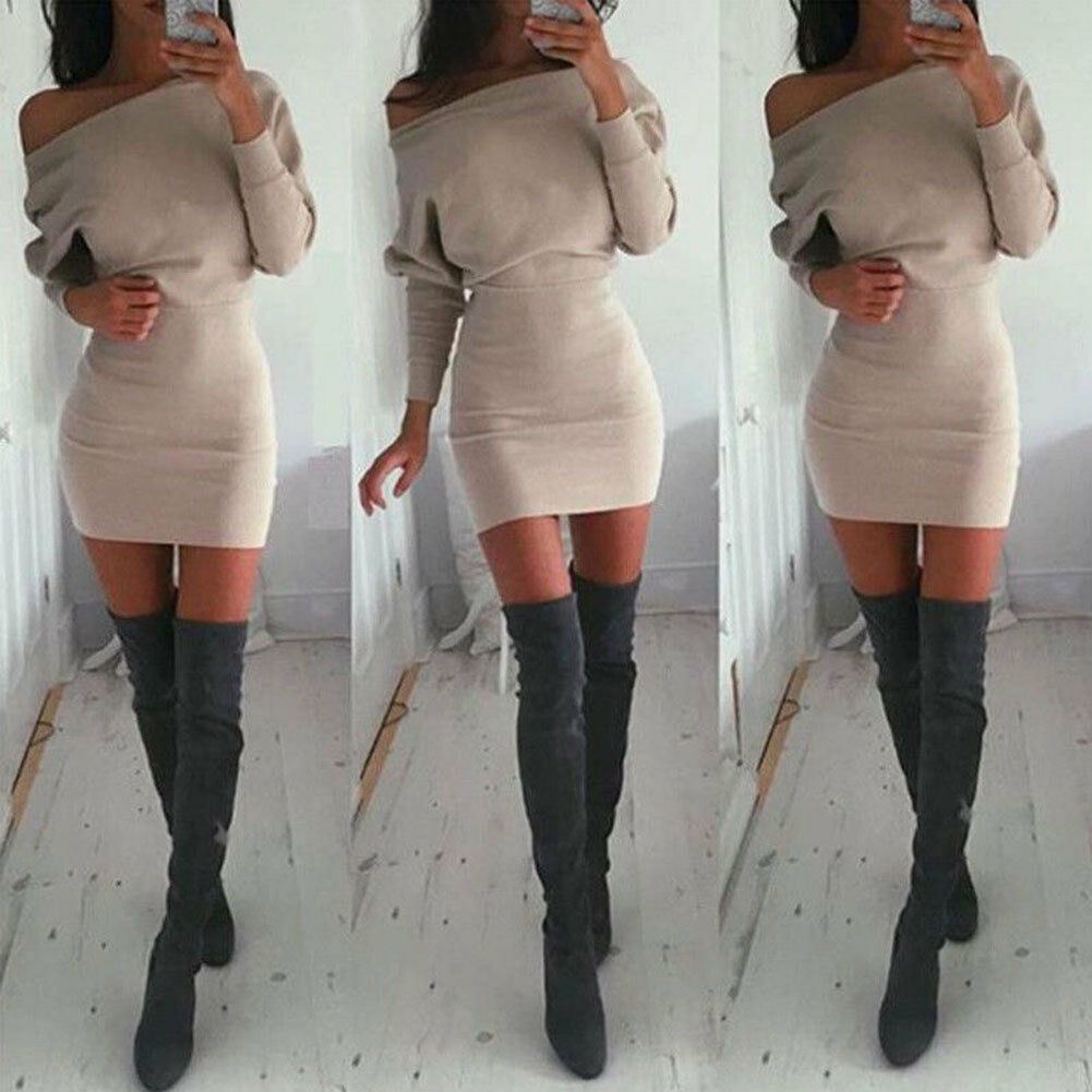 Women Winter Off Shoulder Sexy Long Sleeve Sheath Package Hip Sweater Slim Bodycon Slim Fits Midi Dress