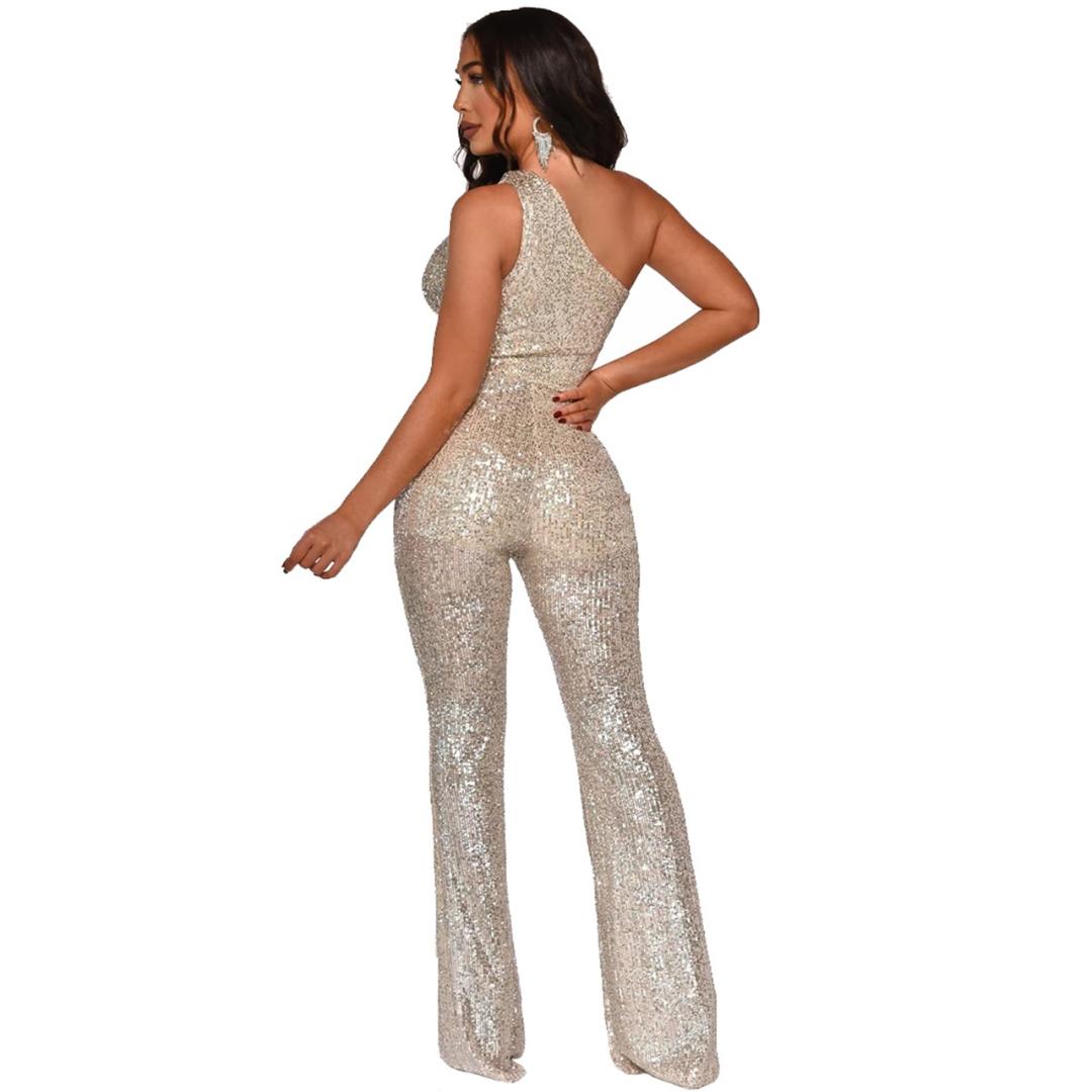 MEQ403 Hot Sale Womens Sequin Cloth Hollow Slant Shoulder Sexy Wide Leg Nightclub Jumpsuit Women Party Street Casual
