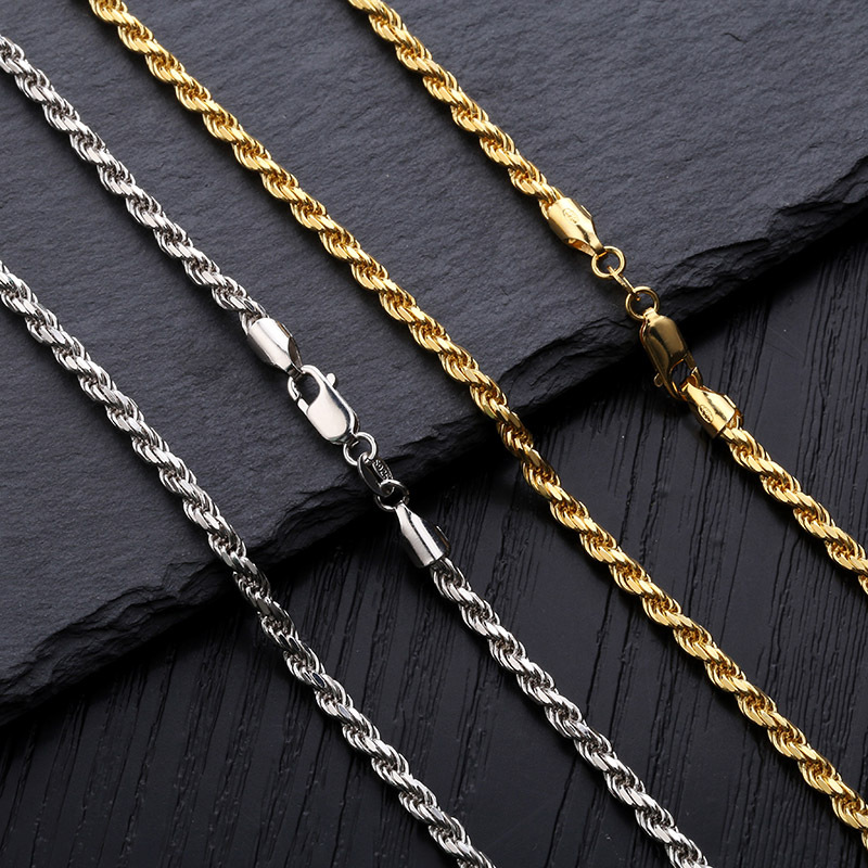 & White Gold Plated Sterling Sier Twist Necklace 3mm 18 22 Rope Chain Hip Hop Rapper Jewelry Gifts For Men and Women
