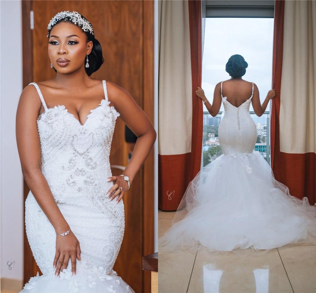 Luxury Spaghetti Mermaid Wedding Dresses Full Lace Applique Open Back Plus Size African Chapel Train Bridal Gowns, White
Luxury Spaghetti Mermaid Wedding Dresses Full Lace Applique Open Back Plus Size African Chapel Train Bridal Gowns, White