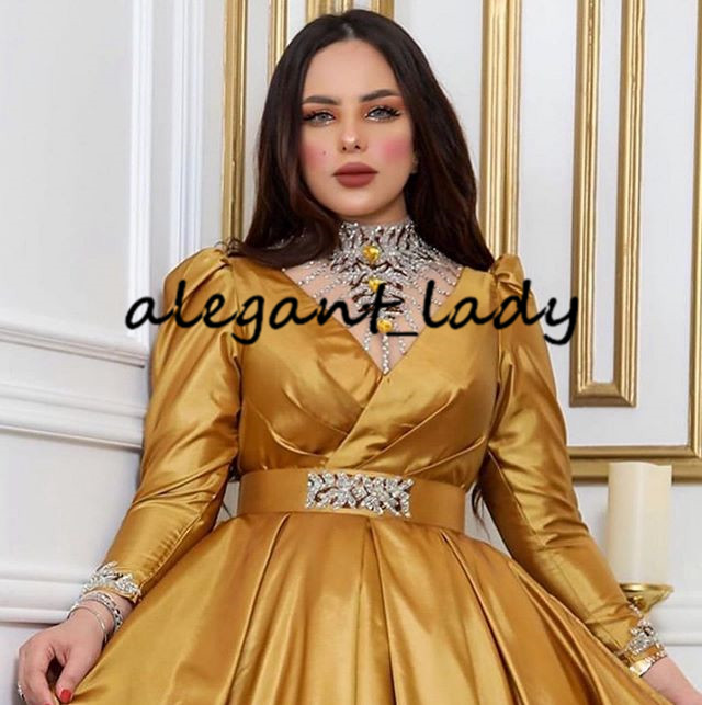 Gold Puffy Skirt Prom Dresses 2020 Arabic Dubai Muslim High Neck Long Sleeve Beaded Crystal Ankle length Evening Wear Gowns