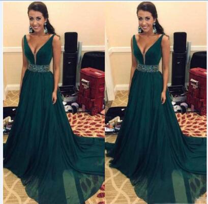 2020 A-Line Deep V-Neck Special Occasion Dresses Chiffon Charming Evening Dresses Hunter Green Prom Dresses Sash With Beaded Sequins
