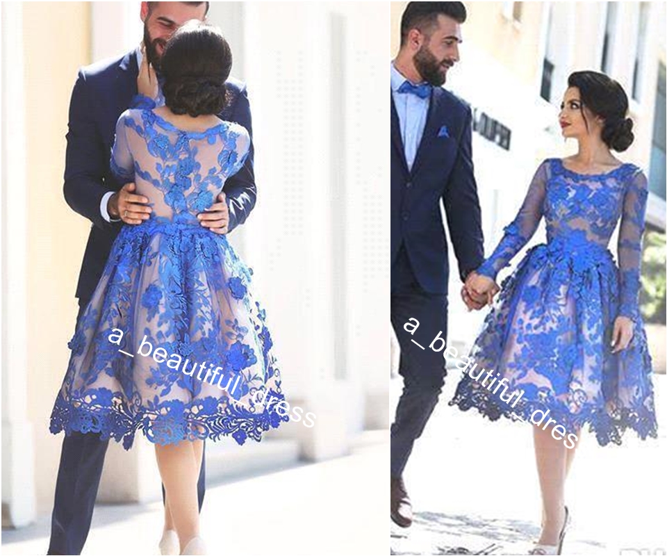 Mini Short Homecoming Party Prom Dresses New Sexy Royal Blue Long Sleeves Lace robe de Cocktail Custom Size
