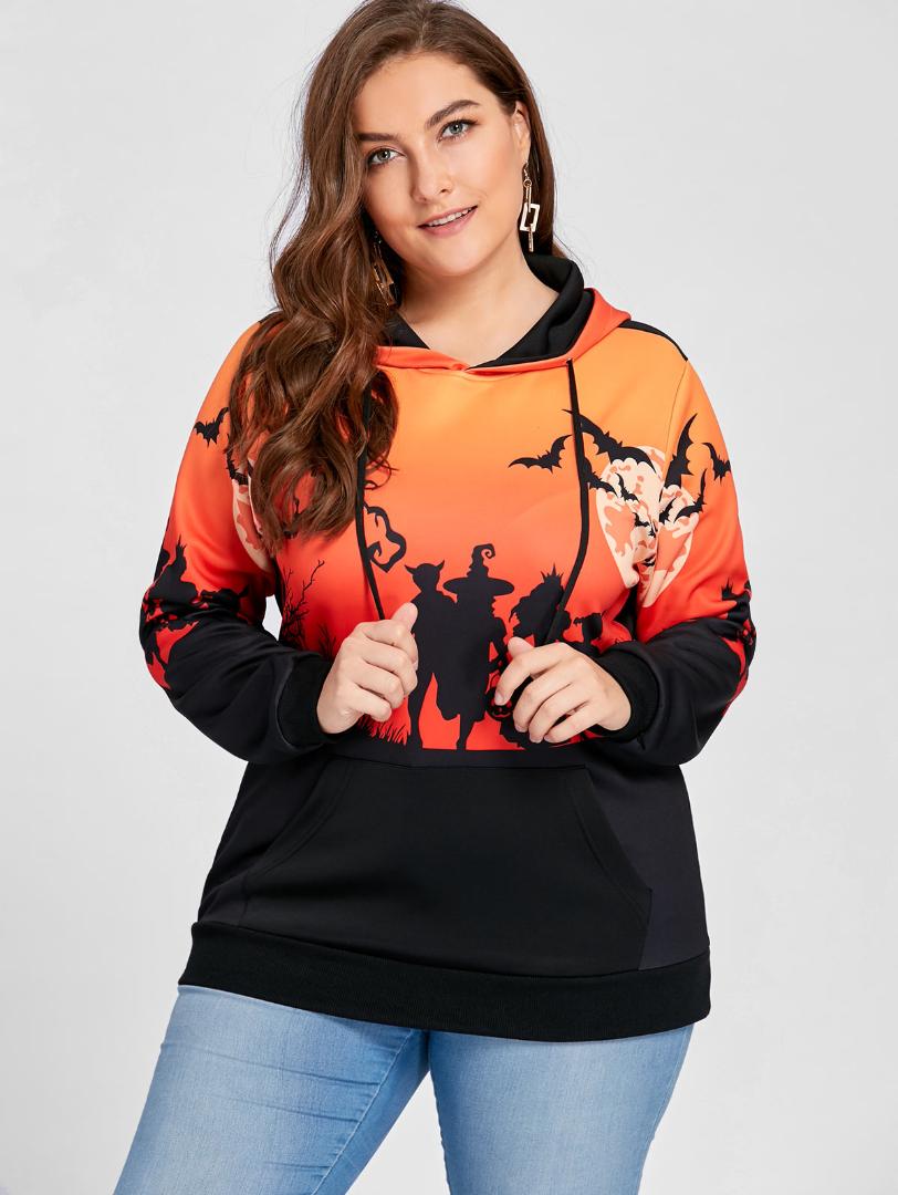 

ROSEGAL Plus Size Halloween Moon Bat Print Hoodie with Pocket 3d Hoodies Cool Hooded Hoodies Sweatshirts Fall, Black