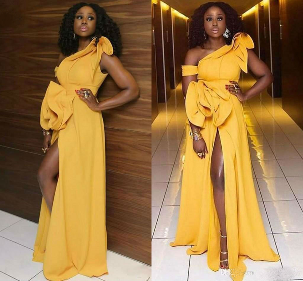African One Shoulder Prom Dresses 2019 Thigh High Slit Tiered Ruffles Evening Dress Custom Made Floor Length Cocktail Party Dresses