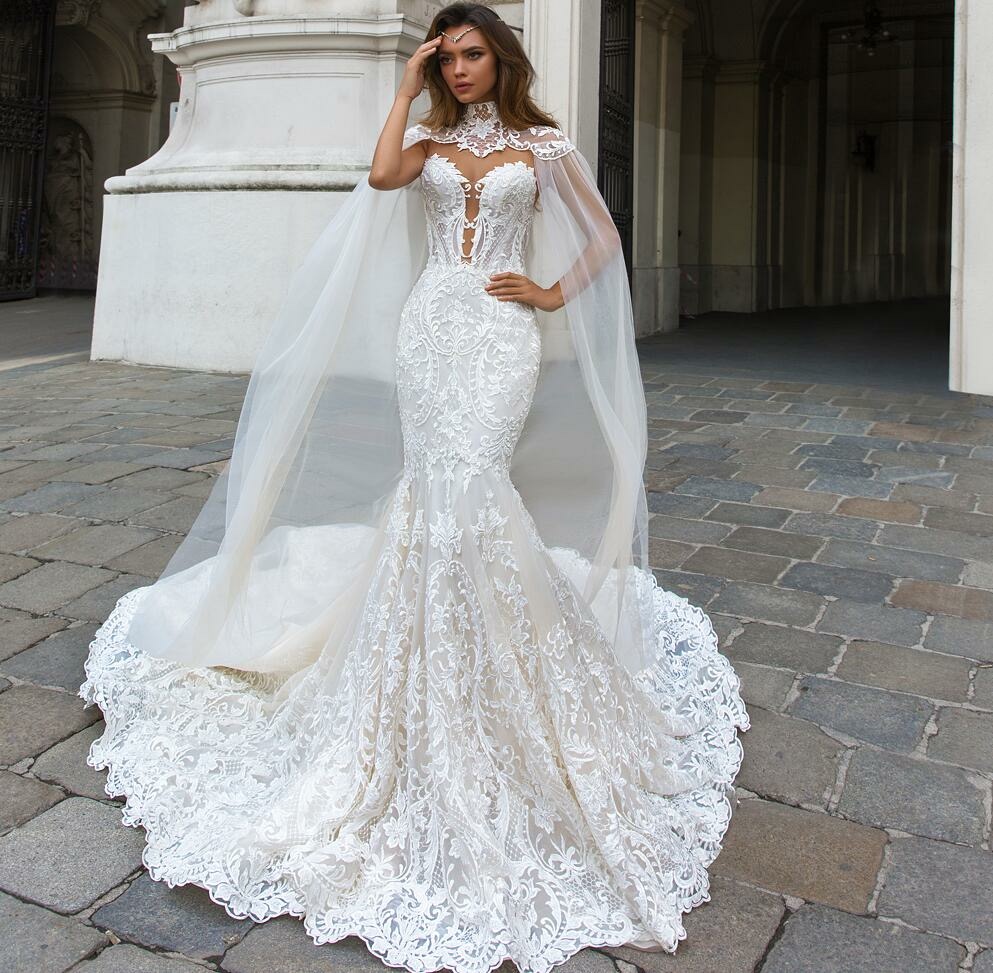 Mermaid Wedding Dresses Button Back Detachable Wrap Appliqued Wedding Gown Bride Dress Mariage Bridal Dresses 2020