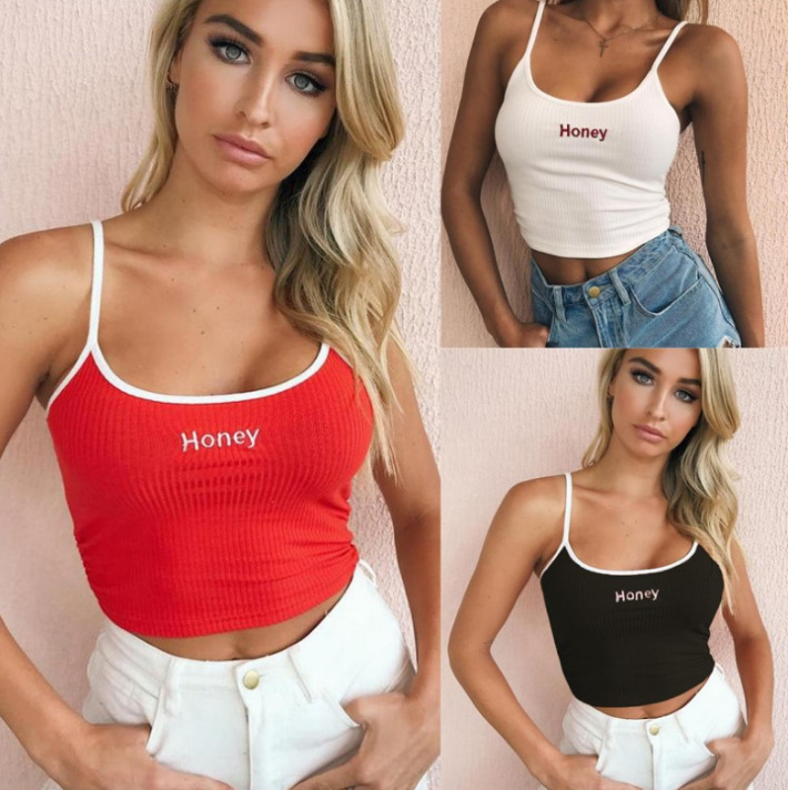 2020 Summer Women Crop Top Sexy Honey Letter Embroidery Tank Tops Cropped Ladies Spaghetti Strap Elastic Shirt Vest Camisole