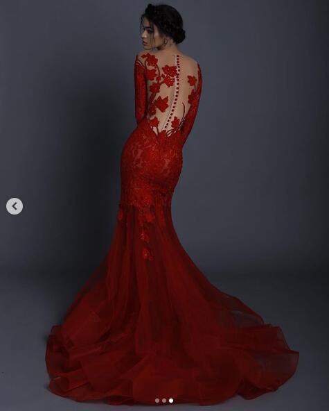 Red Lace Applique Flower Evening Pageant Dresses with Long Sleeve 2020 Sheer O-neck Illusion Back Trumpet Occasion Prom Dress