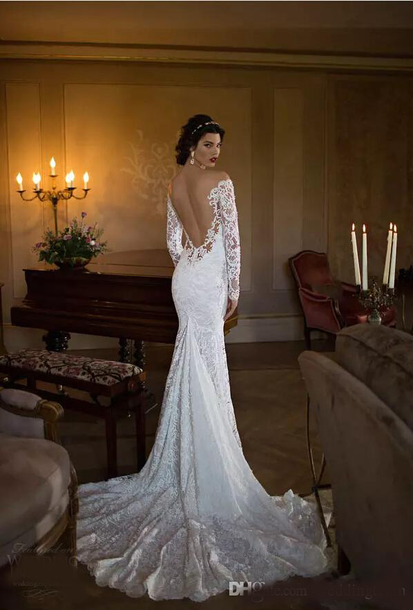 Berta Full Lace Backless Wedding Dresses Mermaid Off The Shoulder Long Sleeves Wedding Gowns Chapel Train Beaded Trumpet Bridal Gown 2020