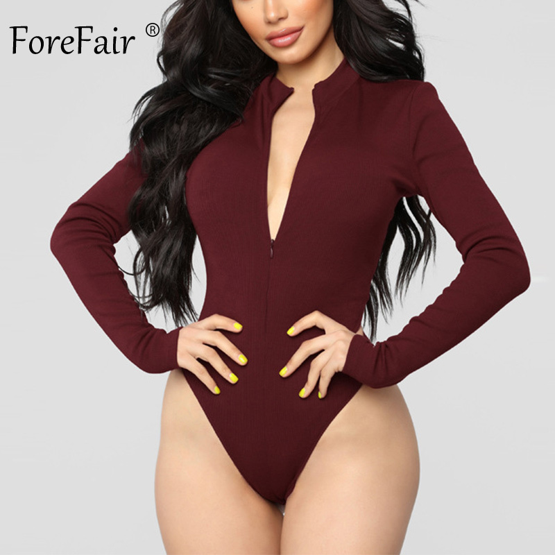 Forefair Zip Turtleneck Autumn Sexy Bodysuit White Black Burgundy Jumpsuit Long Sleeve Slim Sheath Club Body Suit for Women