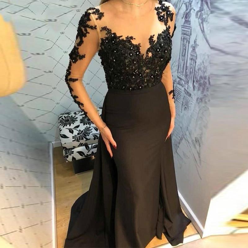 Elegant Black Mermaid Evening Dresses Sheer Neck Long Sleeves Illusion Lace Appliques Sweep Train Formal Dress Prom Dress Party Gowns