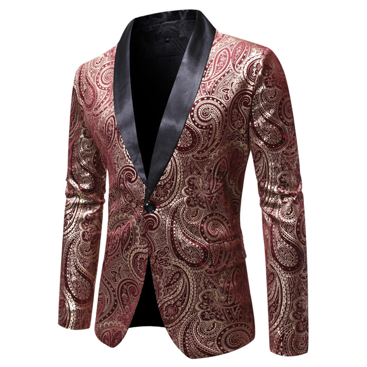 Cross-border 2019 New men's casual hit color foil print shawl collar one button suit performance dress, Red
Cross-border 2019 New men's casual hit color foil print shawl collar one button suit performance dress, Red