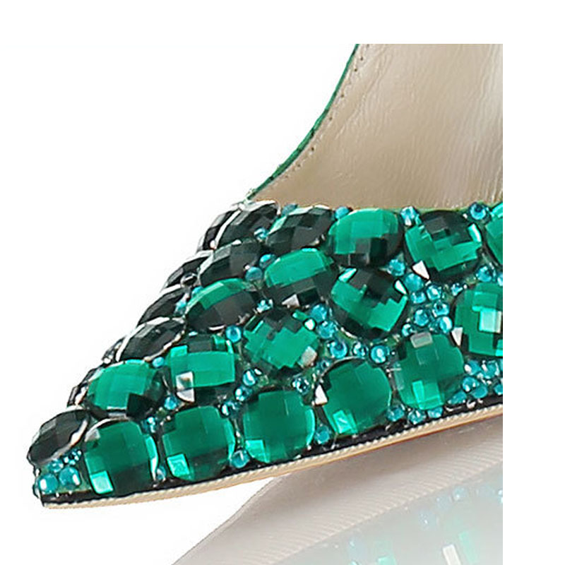 Hot Sale-Green Rhinestone snake heel dress shoes women unique genuine leather pointed toe high heels pumps chaussures femme wedding shoes