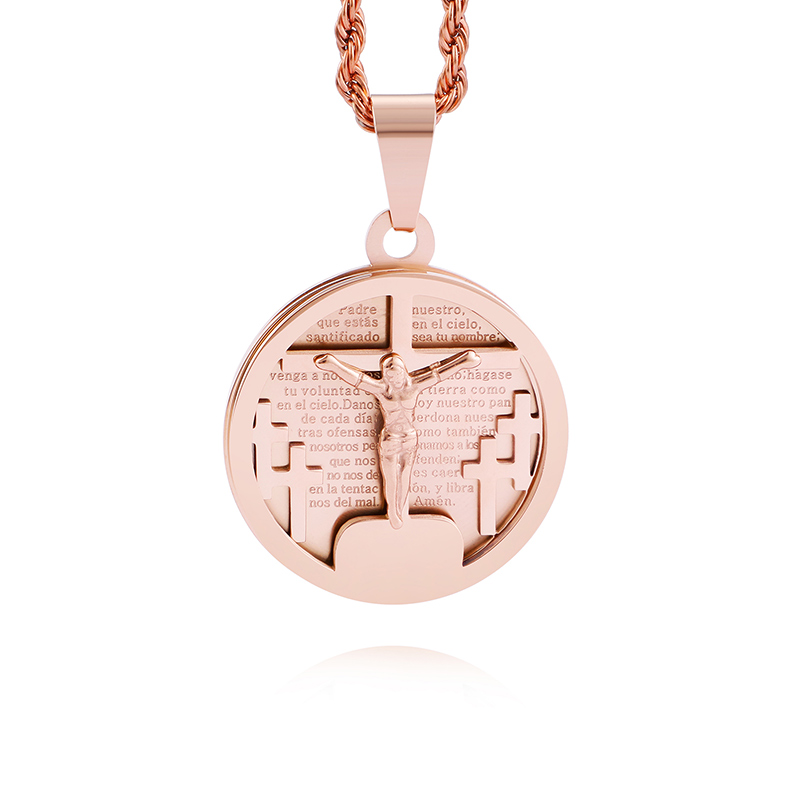 Jesus Cross Pattern Pendant Necklace Jewelry Round Shape Stainless Steel Gold Plated Pendants Men Women Religious Jewelry