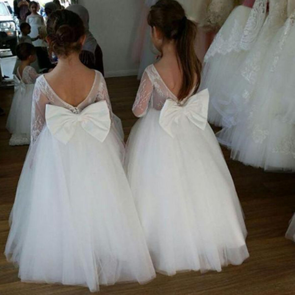 White Lace Appliqued Flower Girl Dresses O-Neck Backless Tulle Girls Formal Gown for Wedding First Holy Communion Dresss