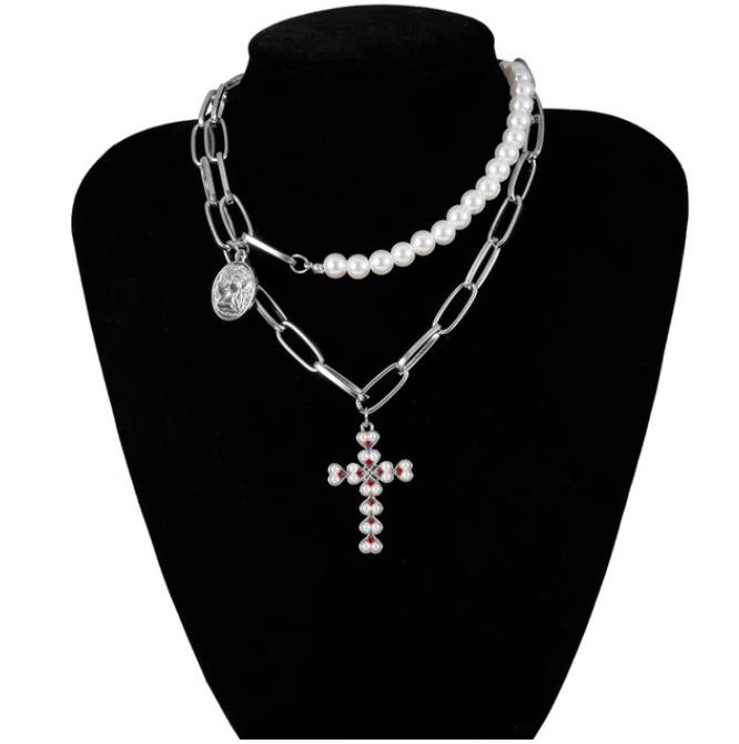 Fashion- Multi Layered Pearl Choker Necklace Collar Statement Virgin Mary Coin Crystal Pendant Necklace Women Jewelry