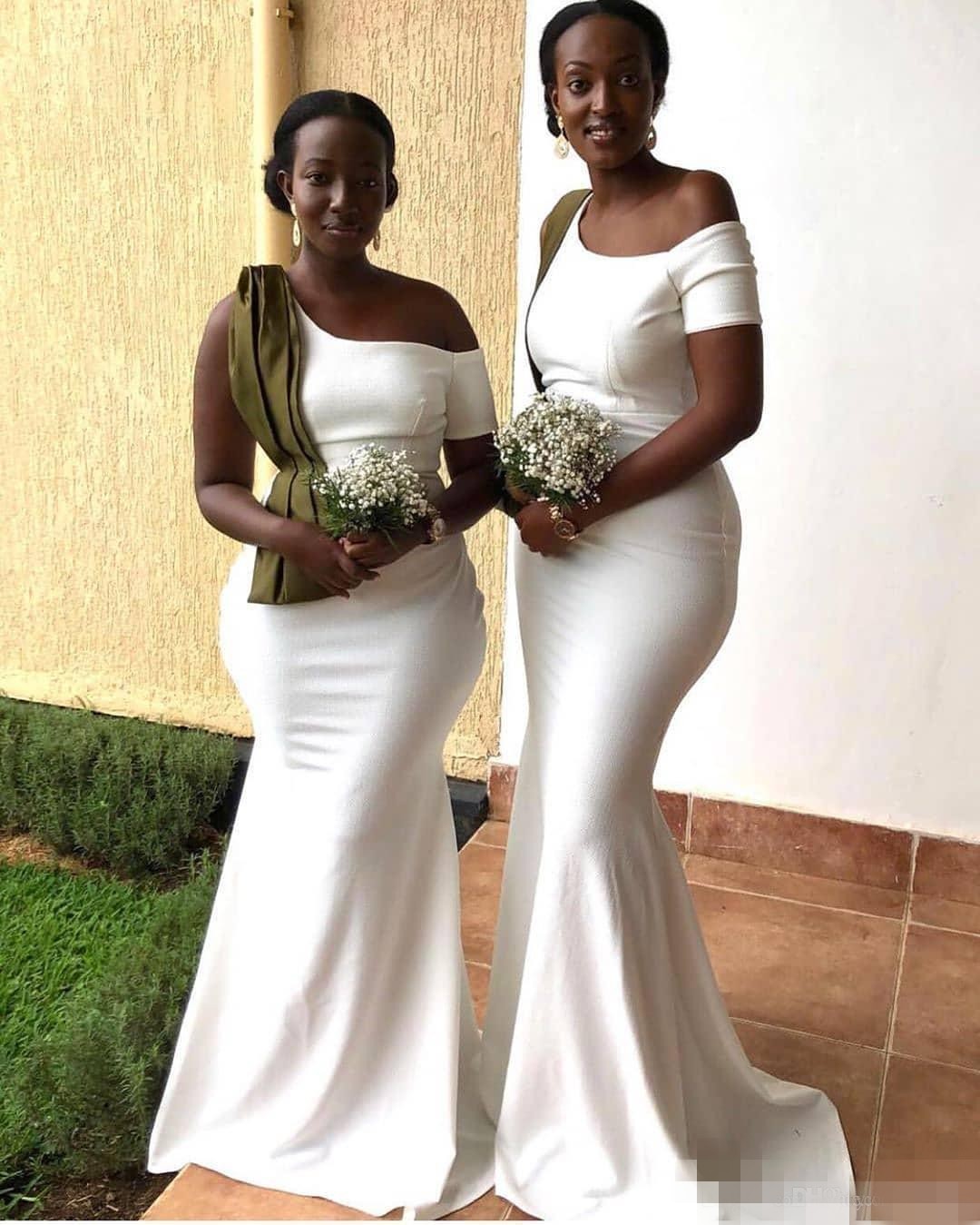 Shoulder African One Bridesmaid Dresses 2020 Satin Sweep Train Short Sleeves Mermaid Ruched Pleats Custom Made Maid Of Honor Gown