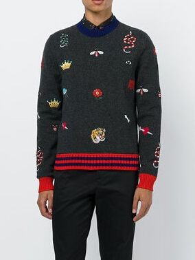 Fashion-Autumn Men's Sweater Bee Tiger Snake Pattern Embroidery Cashmere Material Fashion Sweaters Dark Gray And Blue Two Colors