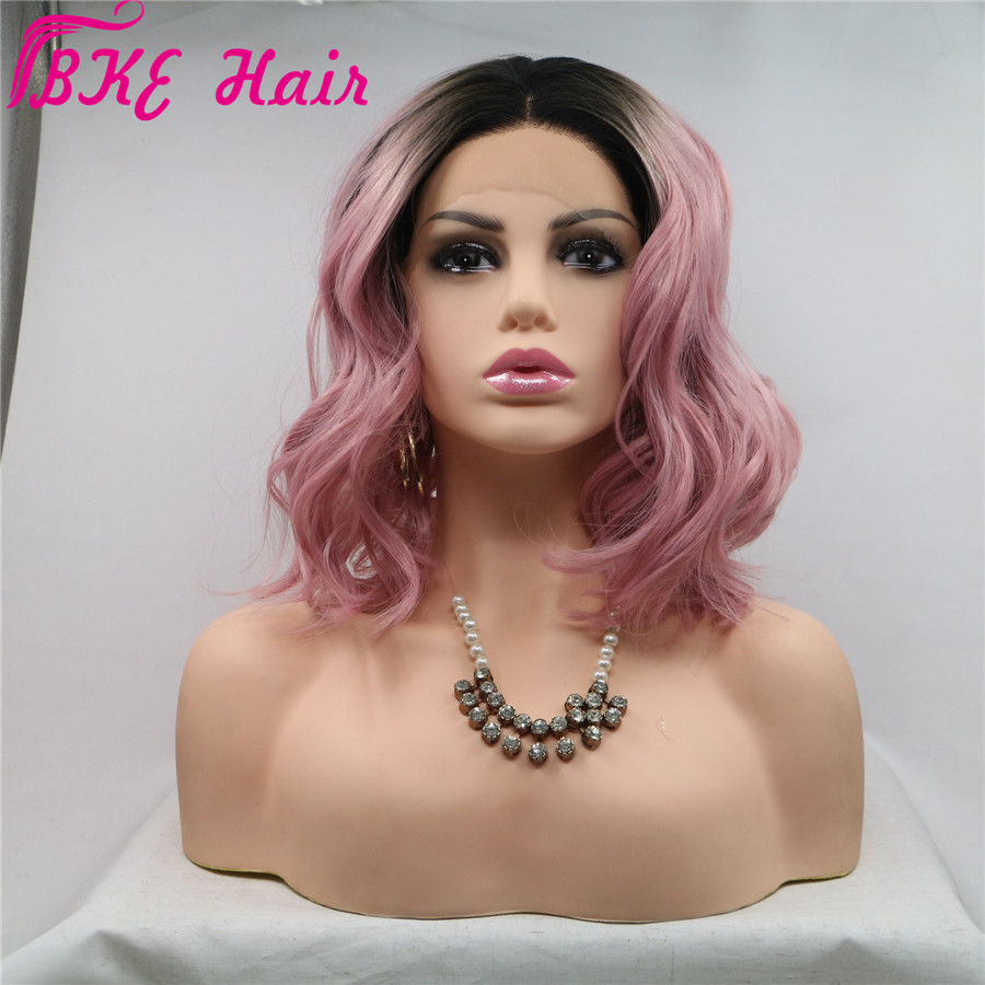 New short style Ombre Pink Wigs short Wavy Synthetic Lace Front bob Wig For Women Heat Resistant Fiber Natural Hairline Cosplay
